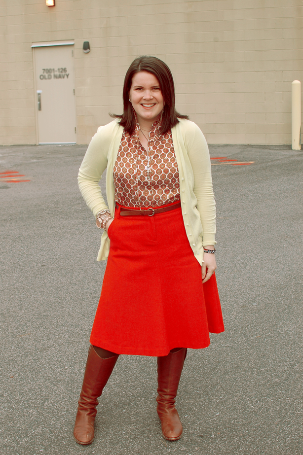 still being molly: red J.Crew midi skirt, patterned blouse, yellow cardigan, riding boots