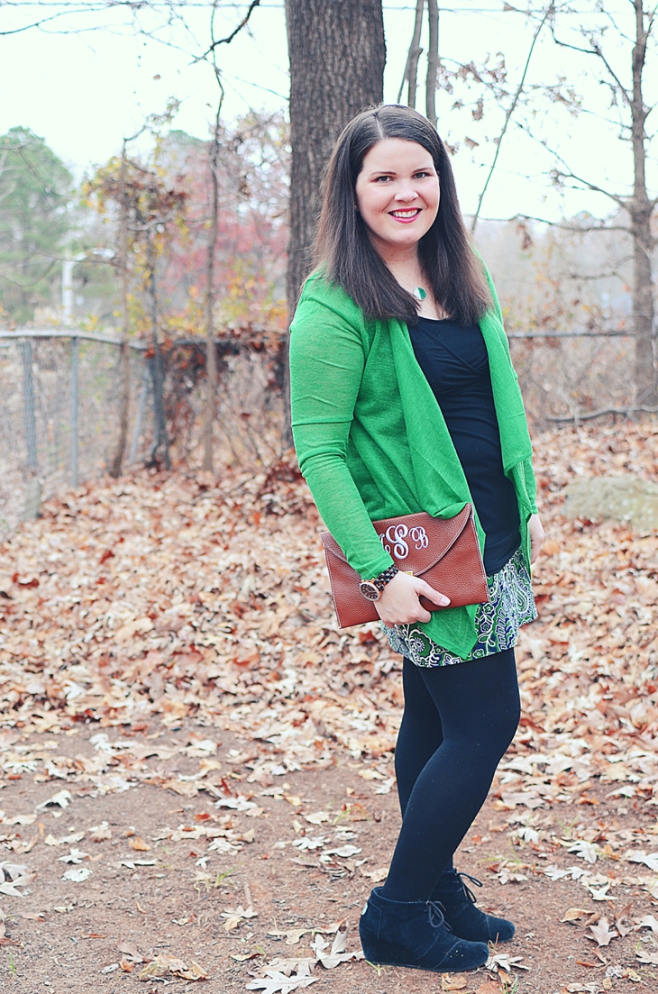 Fall Fashion | We've Built Tech Angles Necklace, green lace me away cardigan, paisley mini skirt, TOMS wedges