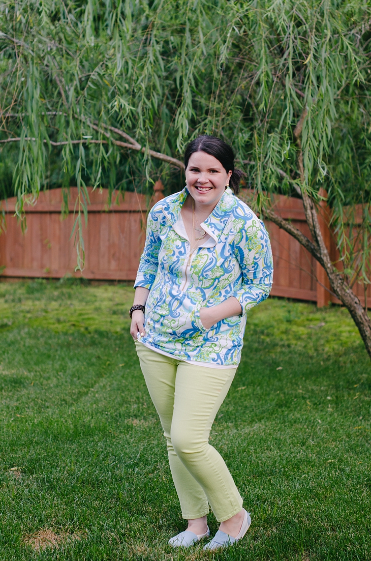 My Alternative to Yoga Pants and a T-Shirt | Lilly Pulitzer Crystal Coast Popover, Lime Jeans, TOMS