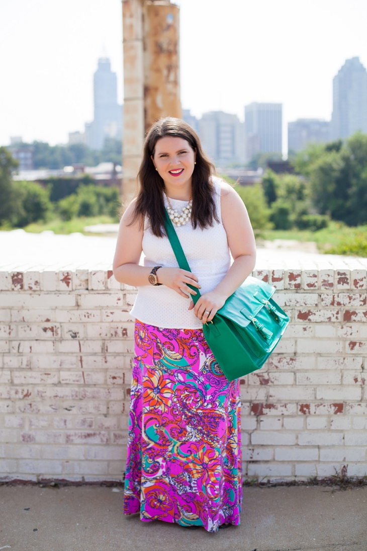 Lilly Pulitzer Sea and Be Seen Maxi Skirt, Eyelet Peplum Top from Gap, Green "A Beautiful Mess" bag by Kelly Moore Bags (1)