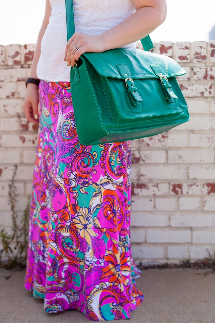 Lilly Pulitzer Sea and Be Seen Maxi Skirt, Eyelet Peplum Top from Gap, Green "A Beautiful Mess" bag by Kelly Moore Bags (5)