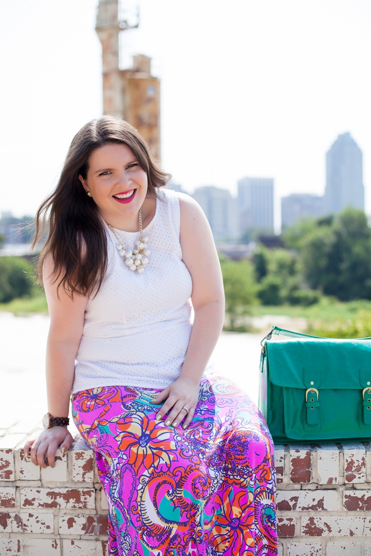 Lilly Pulitzer Sea and Be Seen Maxi Skirt, Eyelet Peplum Top from Gap, Green "A Beautiful Mess" bag by Kelly Moore Bags (6)