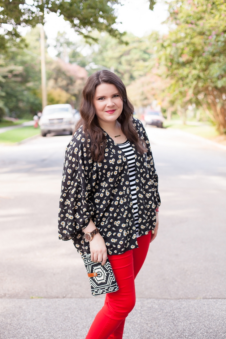 Red jeans from Stitch Fix, Daisy floral kimono from Stitch Fix, black and white striped tee (5)