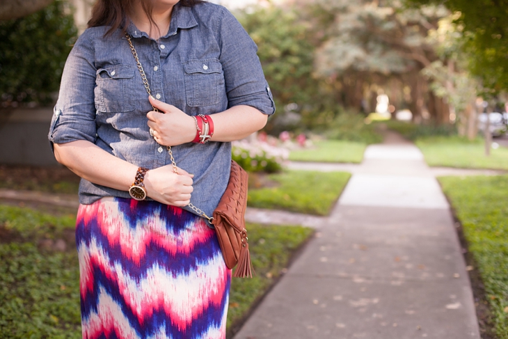 Red and blue chevron maxi skirt from Stitch Fix, chambray top (3)