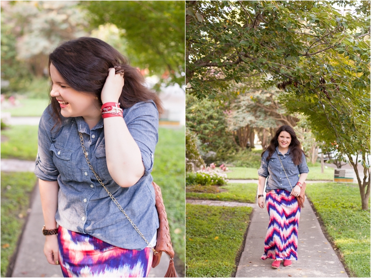 Red and blue chevron maxi skirt from Stitch Fix, chambray top (4)