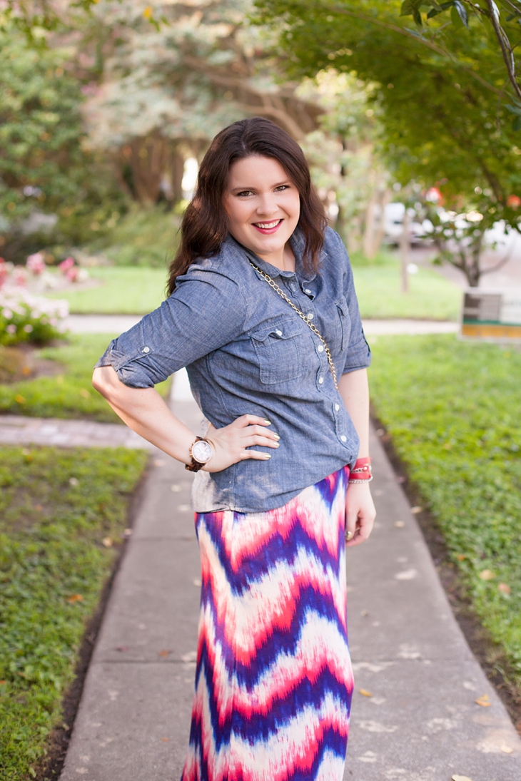 Red and blue chevron maxi skirt from Stitch Fix, chambray top (5)