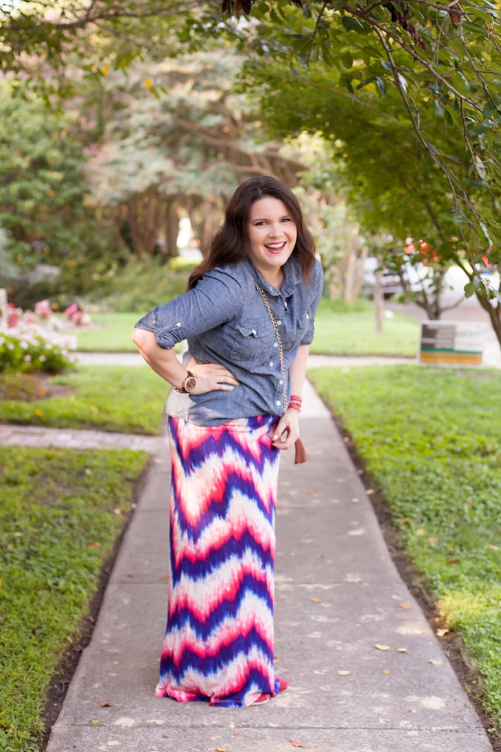 Red and blue chevron maxi skirt from Stitch Fix, chambray top (6)