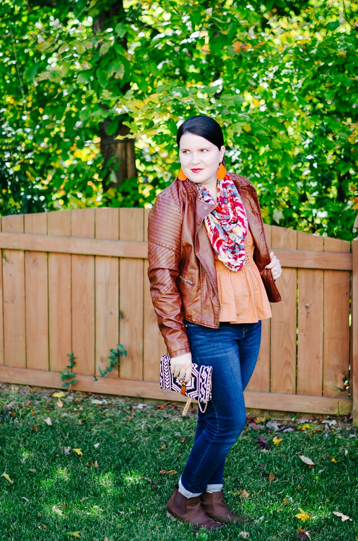Target leather jacket, world market scarf, Nickel and Suede pumpkin spice earrings