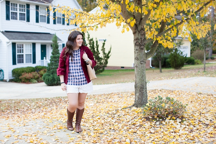Lace shorts, riding boots, velvet blazer, plaid top | Fall fashion (2)