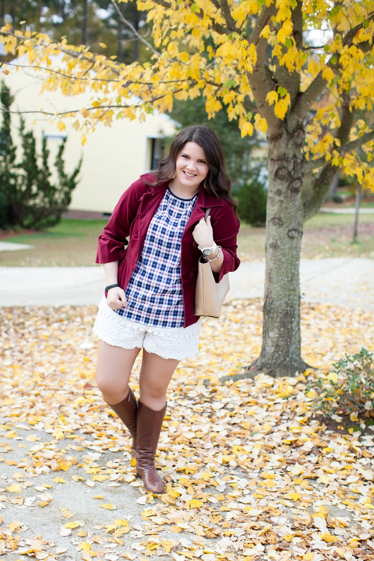 Lace shorts, riding boots, velvet blazer, plaid top | Fall fashion (6)