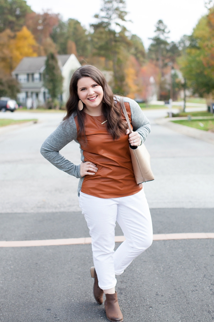 White Plum leather front sweater, white denim, brown booties | fall fashion (1)