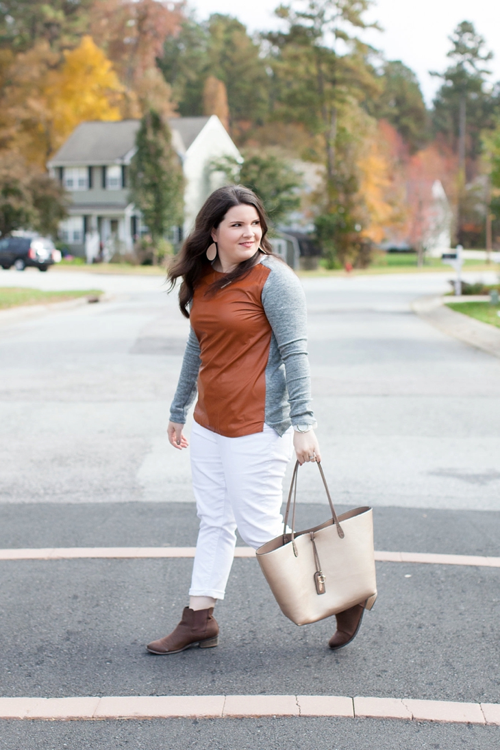 White Plum leather front sweater, white denim, brown booties | fall fashion (4)