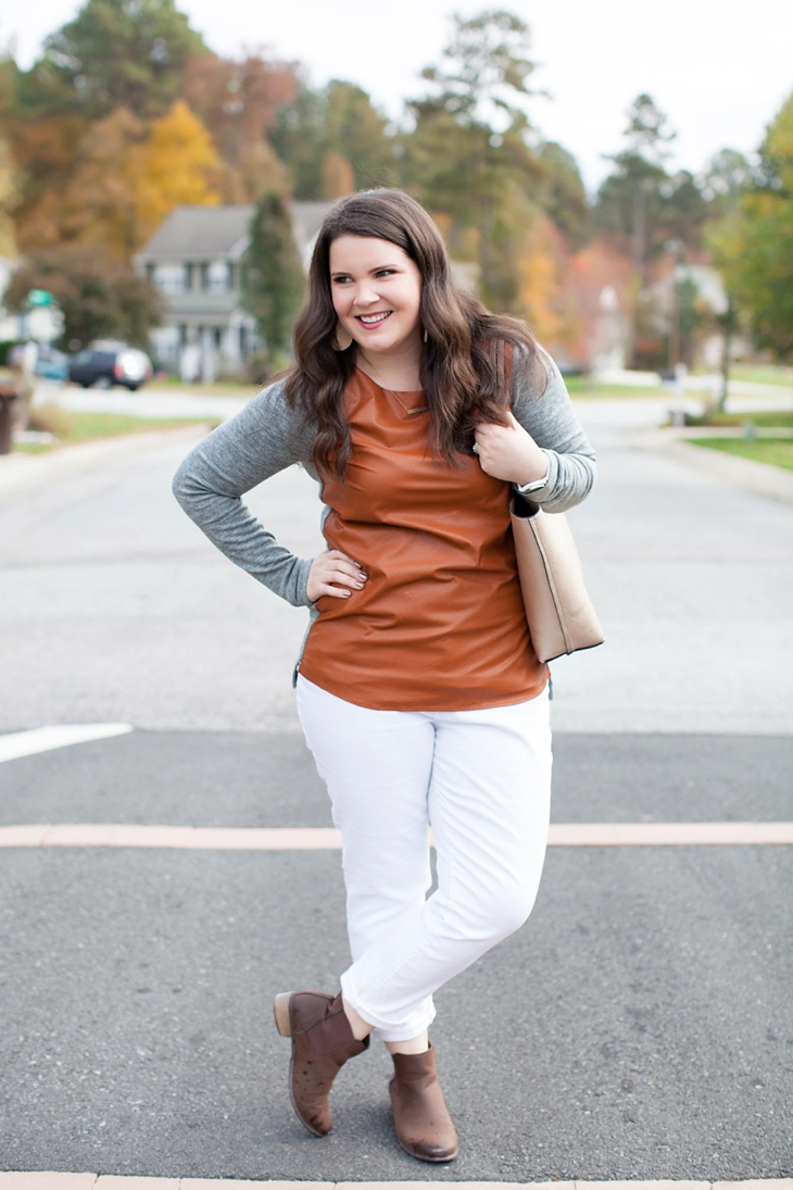 White Plum leather front sweater, white denim, brown booties | fall fashion (6)