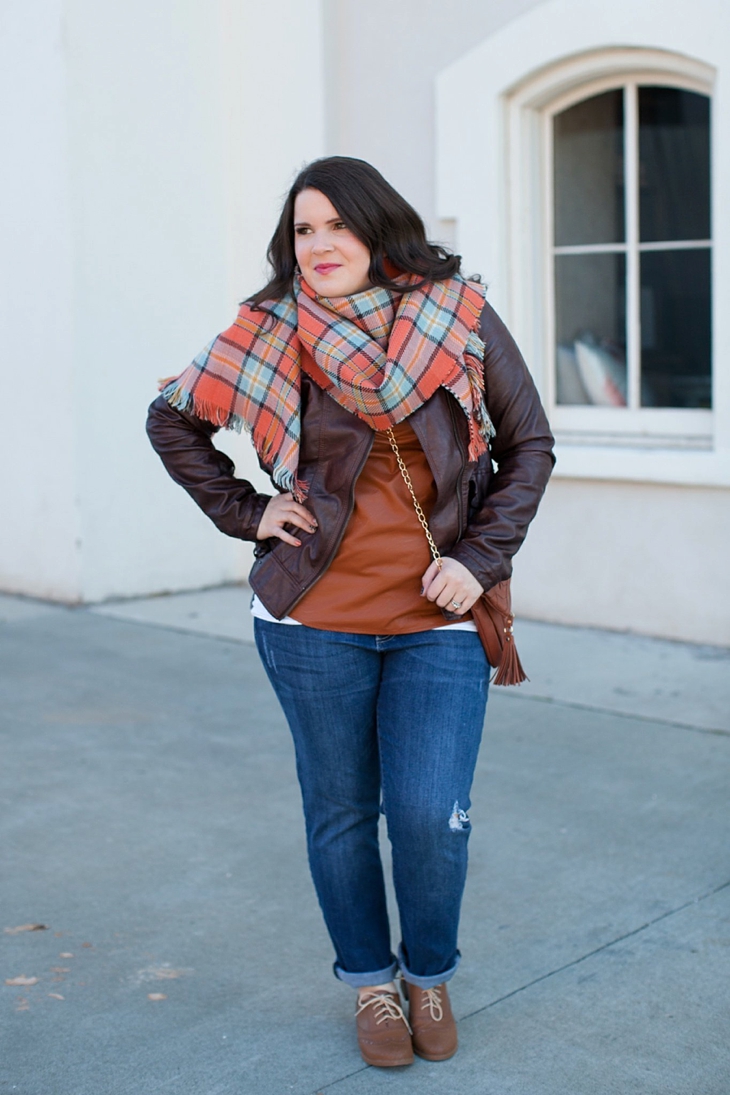 Winter / Fall style | Kut from the Kloth boyfriend jeans, leather moto jacket, leather top, blanket scarf, loafers | North Carolina Fashion Blogger (5)