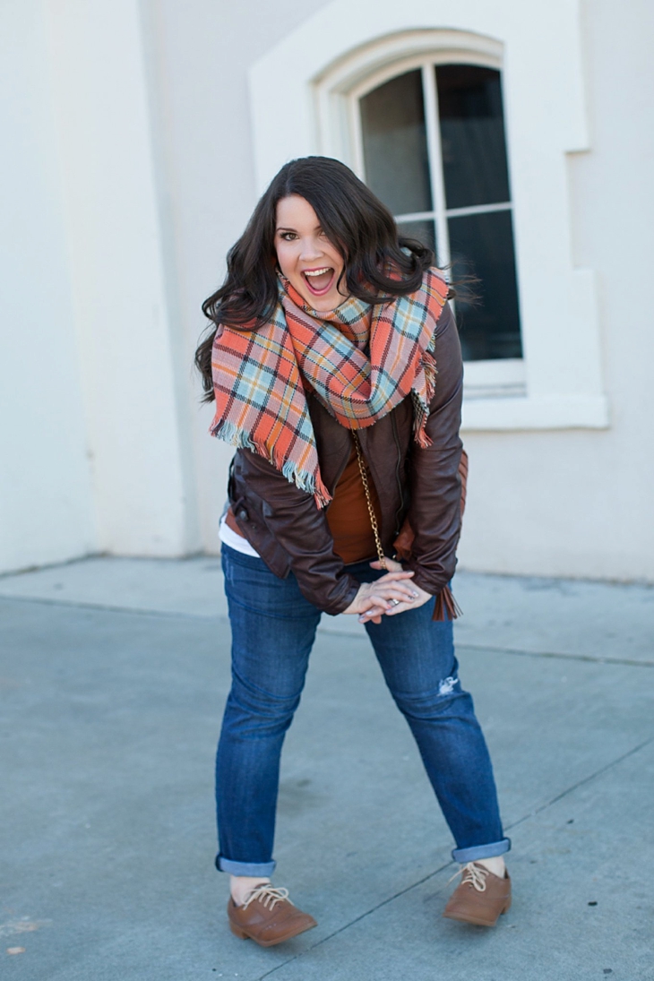 Winter / Fall style | Kut from the Kloth boyfriend jeans, leather moto jacket, leather top, blanket scarf, loafers | North Carolina Fashion Blogger (7)