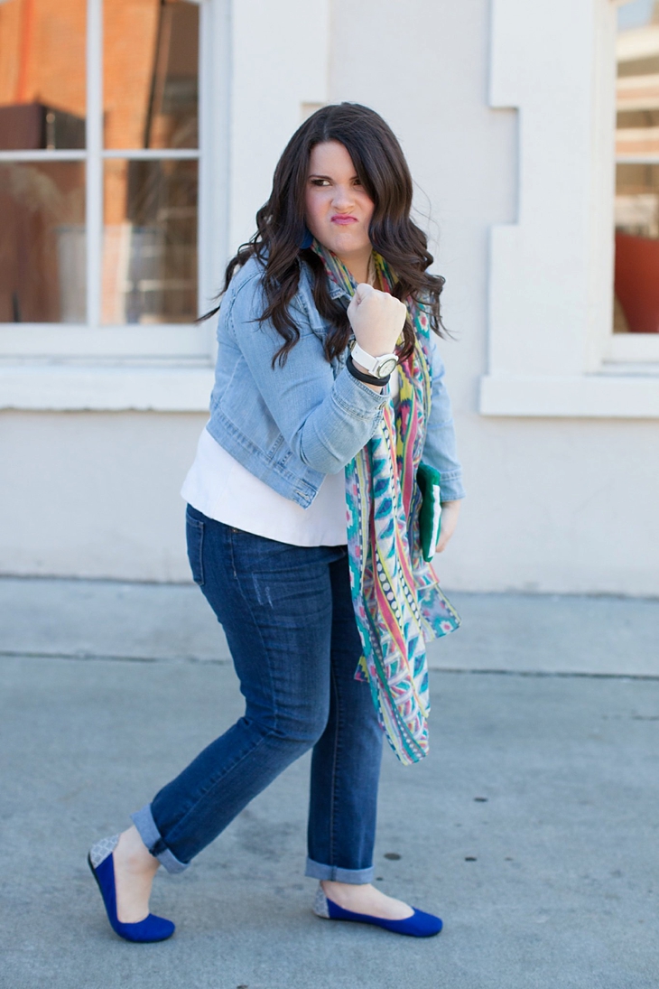 Winter / Fall style | denim jacket, skinny jeans, aztec scarf, Root Collective clutch and ballet flats, Root Collective necklace, white peplum top | North Carolina Fashion Blogger (7)