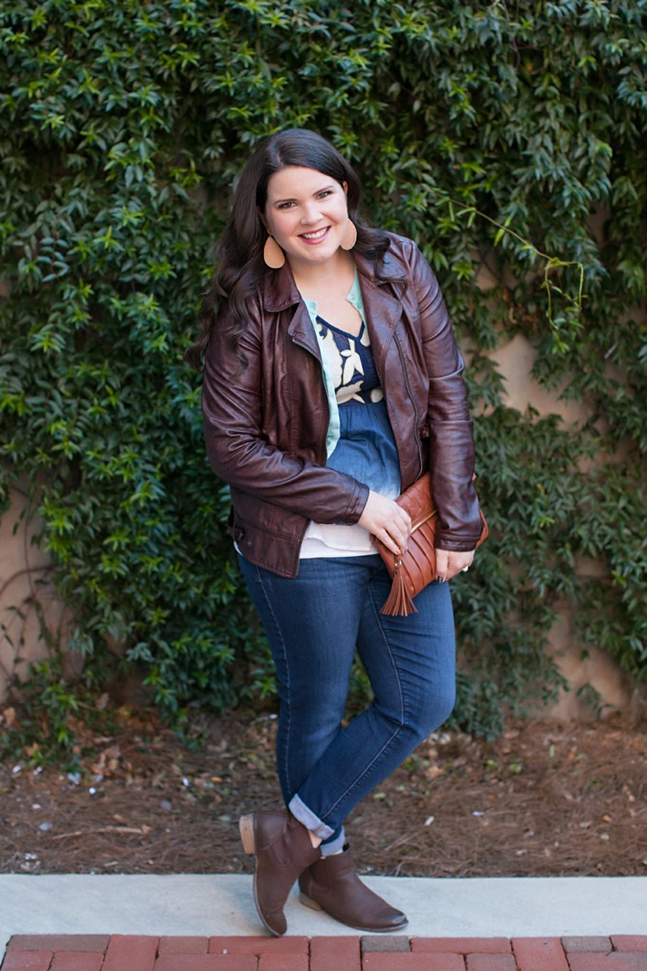 Winter / Fall style | leather moto jacket, loafers, Anthropologie dip-dye peplum top, cardigan, skinny jeans, clutch| North Carolina Fashion Blogger (1)