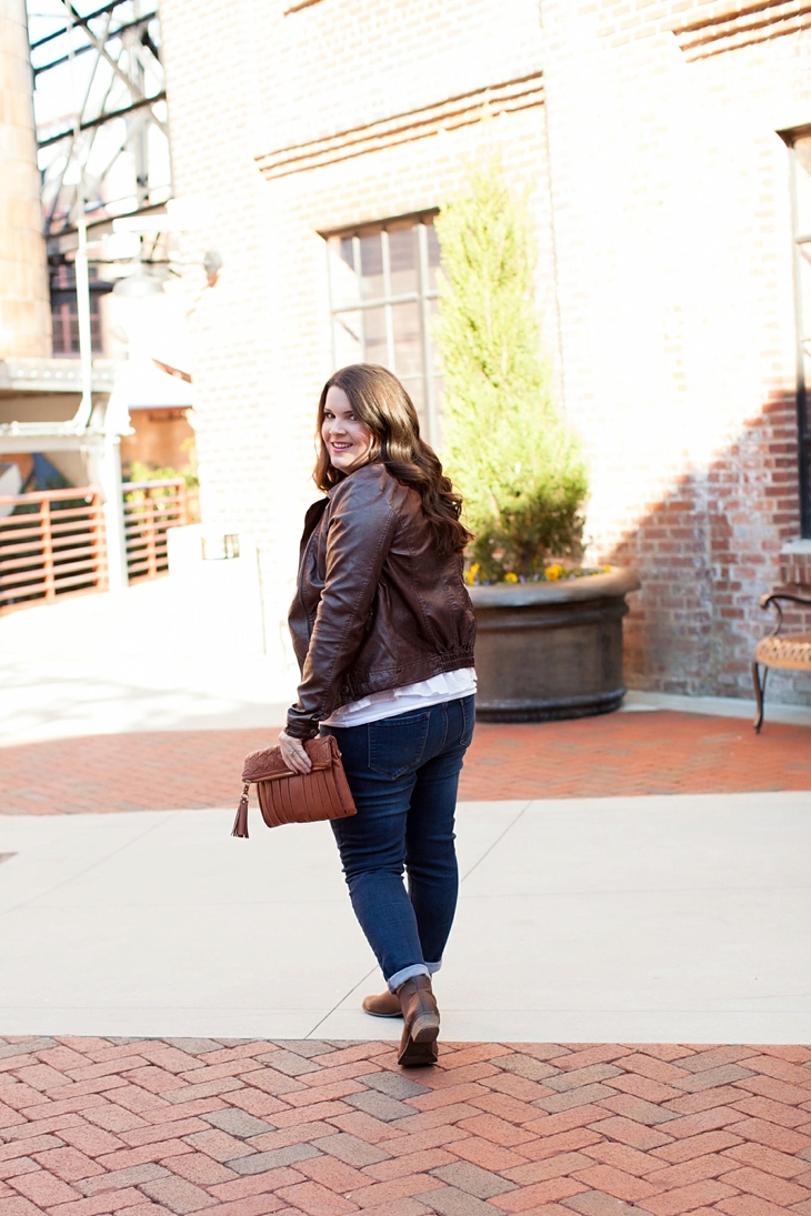 Winter / Fall style | leather moto jacket, loafers, Anthropologie dip-dye peplum top, cardigan, skinny jeans, clutch| North Carolina Fashion Blogger (7)