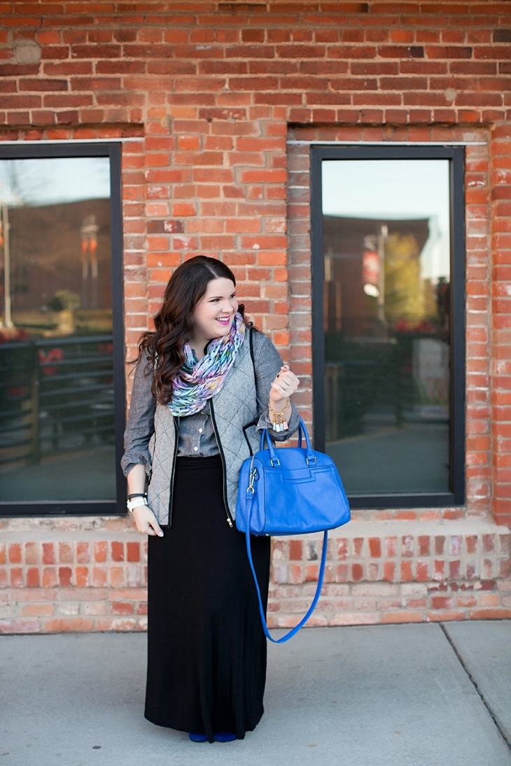 Winter / Fall style | black maxi skirt, herringbone vest, chambray shirt, blue bag, infinity scarf | North Carolina Fashion Blogger (1)