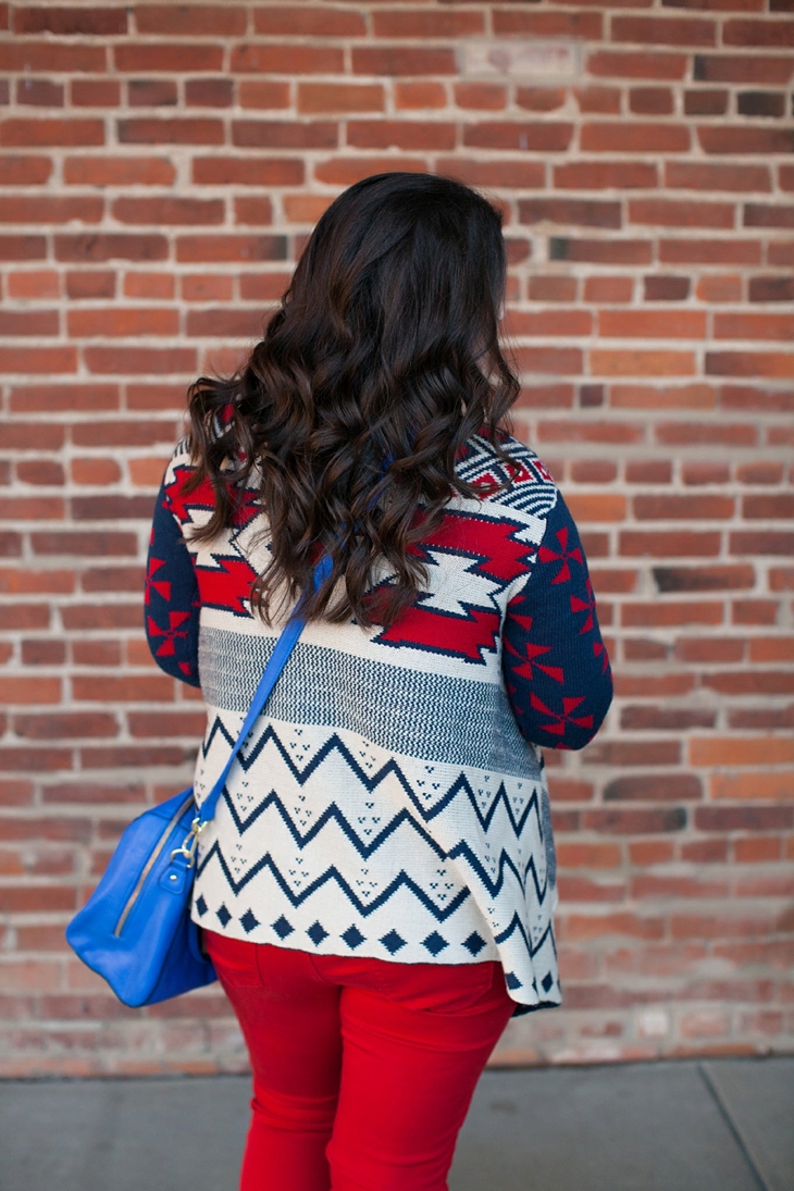 Winter / Fall style | red jeans, blue bag, Root Collective ballet flats, blue and red aztec cardigan, Nickel and Suede earrings | North Carolina Fashion Blogger (3)