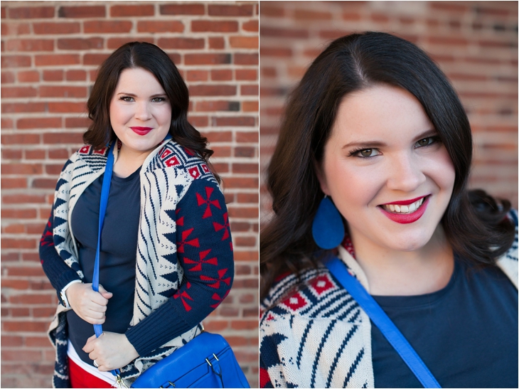 Winter / Fall style | red jeans, blue bag, Root Collective ballet flats, blue and red aztec cardigan, Nickel and Suede earrings | North Carolina Fashion Blogger (4)