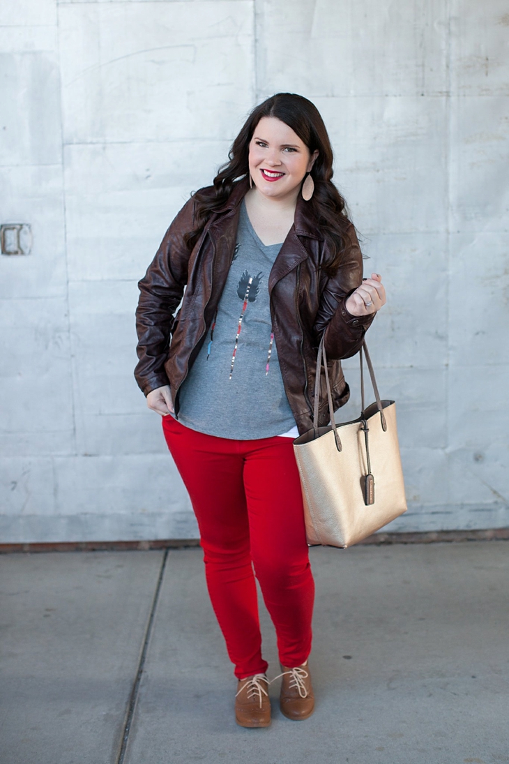 Winter / Fall style | red jeans, TOMS for target tee, leather jacket, gold bag, Nickel and Suede earrings | North Carolina Fashion Blogger