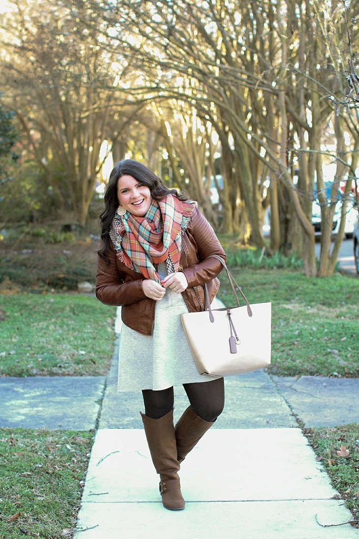basic gray dress, tights, boots, leather jacket, blanket scarf (1)
