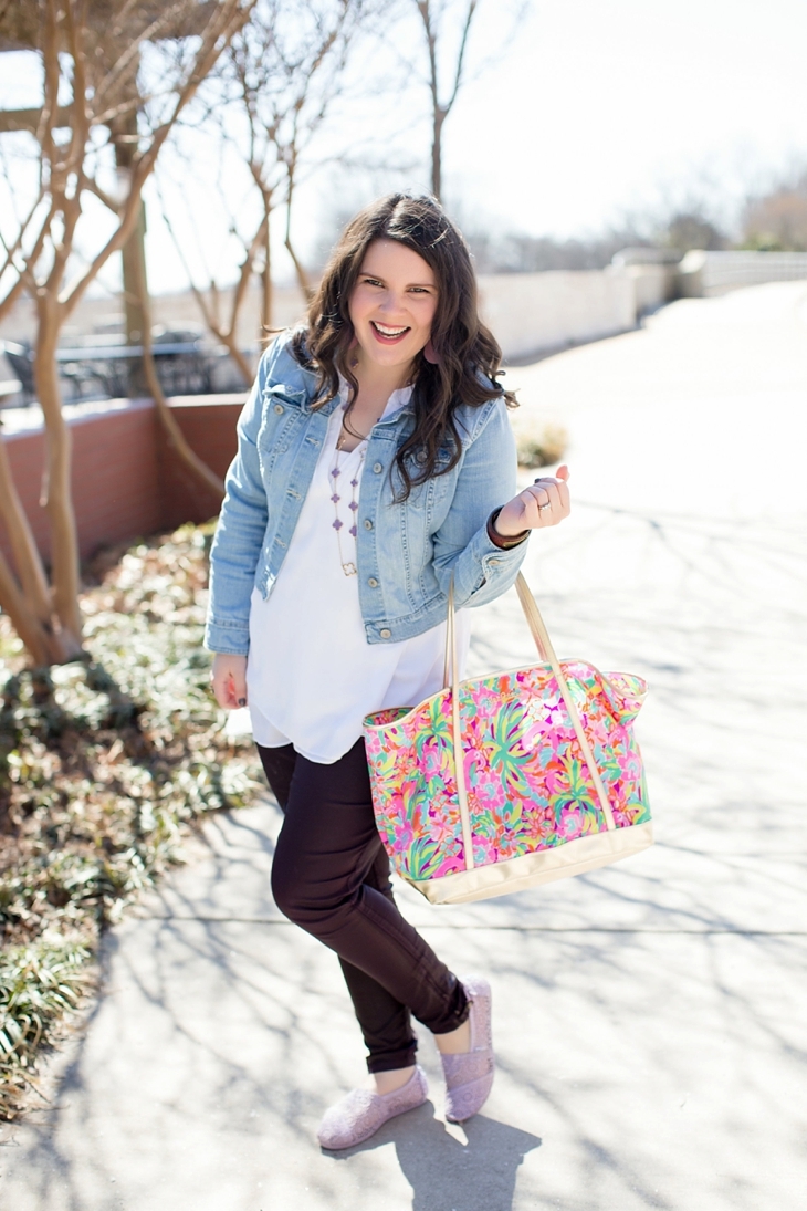 Level 99 “Charley Zipper Detail Coated Skinny Jean” , Denim Jacket, The Limited Blouse, Crochet TOMS, Lilly Pulitzer tote - North Carolina Fashion Blogger (6)