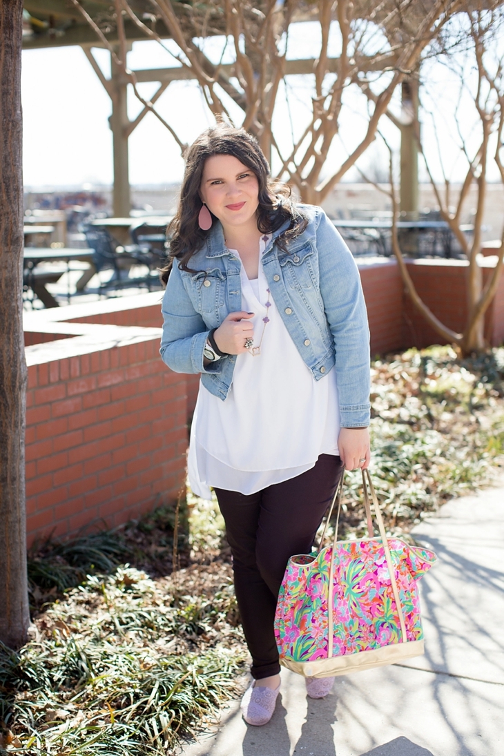 Level 99 “Charley Zipper Detail Coated Skinny Jean” , Denim Jacket, The Limited Blouse, Crochet TOMS, Lilly Pulitzer tote - North Carolina Fashion Blogger (8)