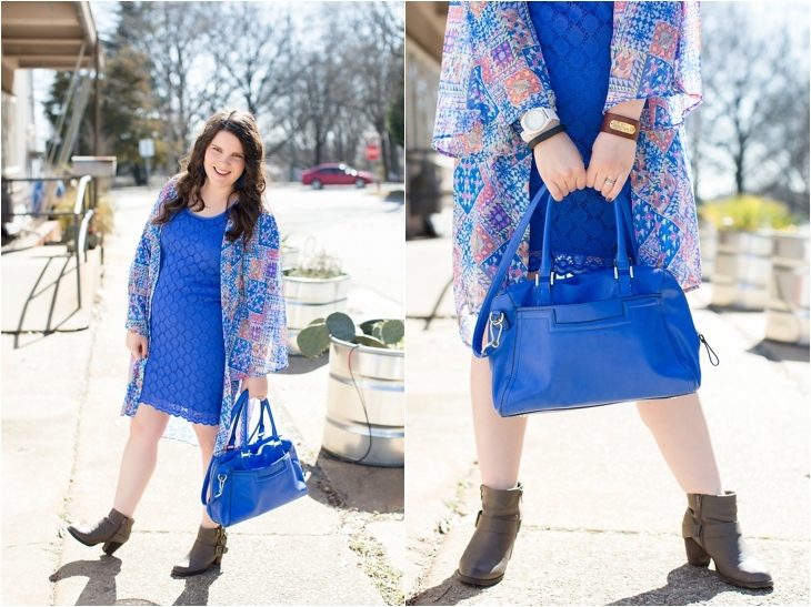 Cobalt blue lace dress, Altar'd State Kimono, Cuff, Cobalt Blue bag, booties, North Carolina Fashion Blogger (4)