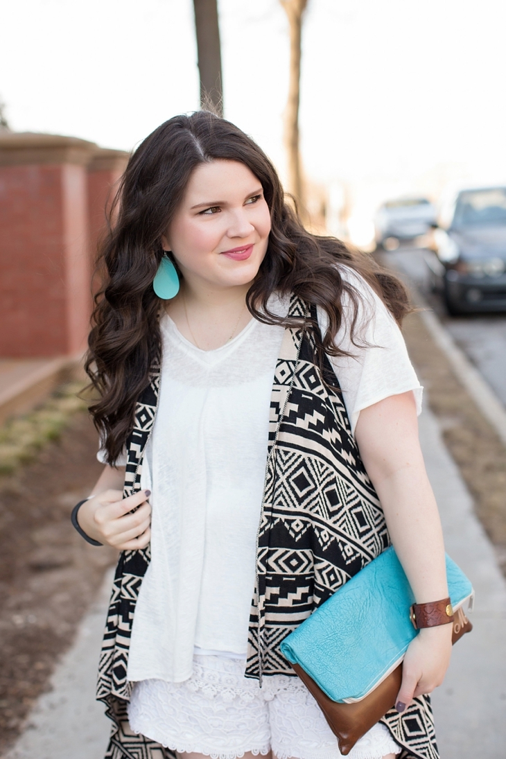lace shorts, aztec printed vest, brown boots, ooh baby designs foldover clutch, nickel and suede earrings - north carolina fashion blogger (4)