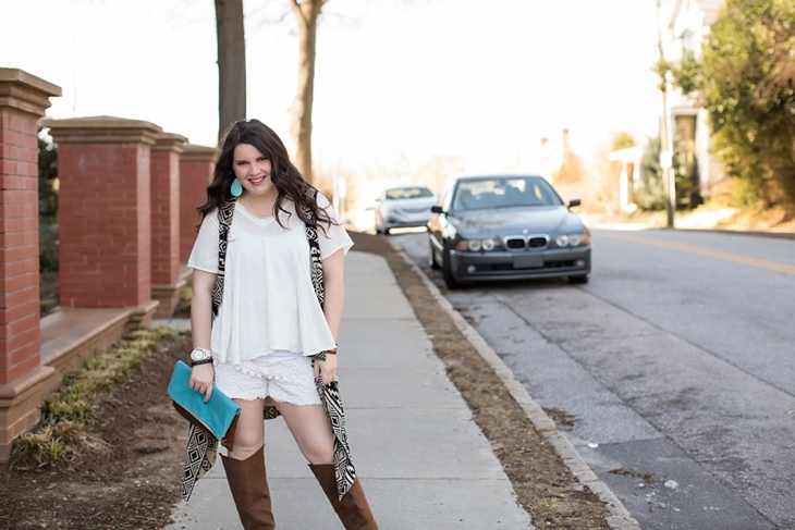 lace shorts, aztec printed vest, brown boots, ooh baby designs foldover clutch, nickel and suede earrings - north carolina fashion blogger (7)