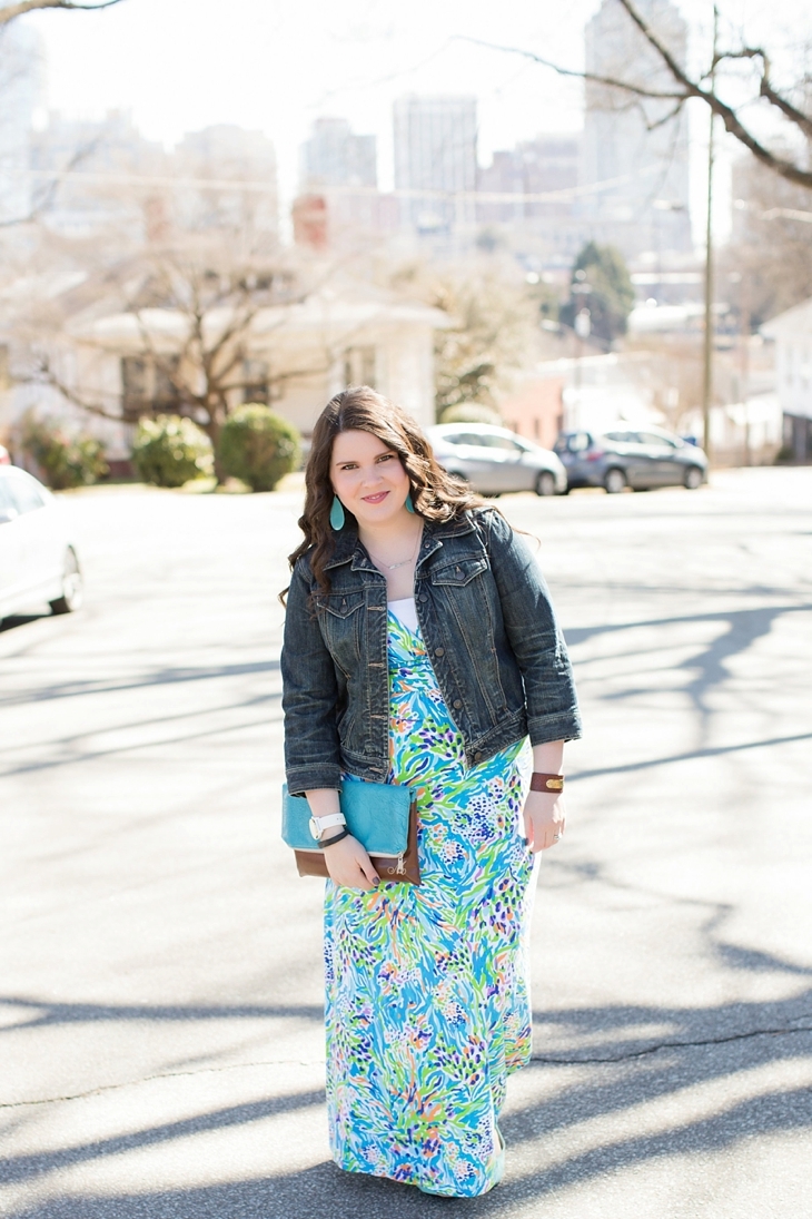 Lilly Pulitzer maxi dress, denim jacket, Root Collective peep toe shoes, Ooh Baby designs foldover clutch, North Carolina Fashion Blogger (7)