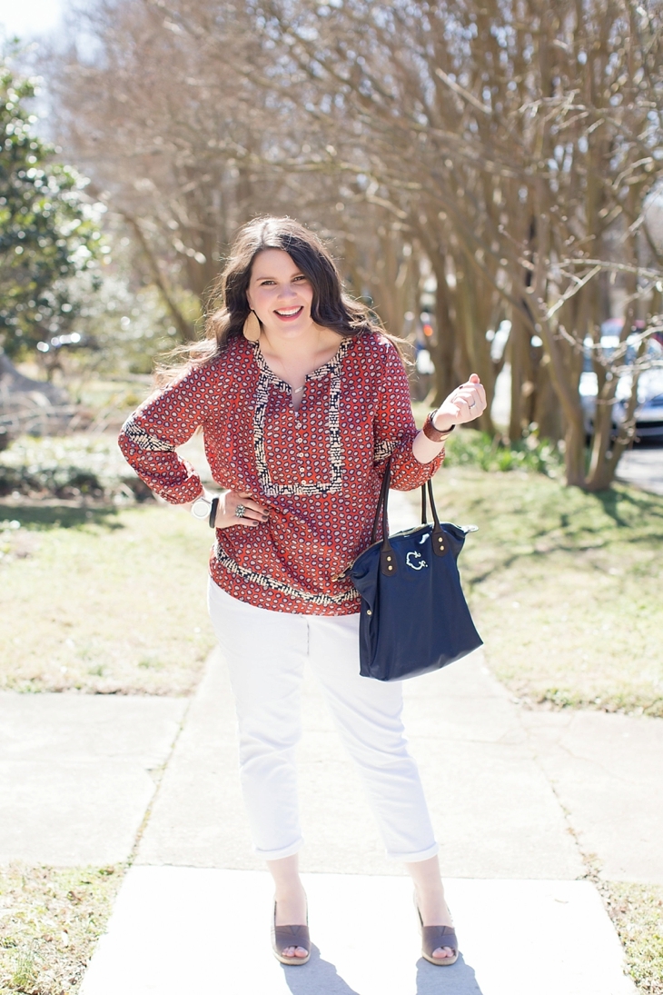 white jeans, THML “Stella Split Neck Blouse”, TOMS wedges- North Carolina Fashion Blogger