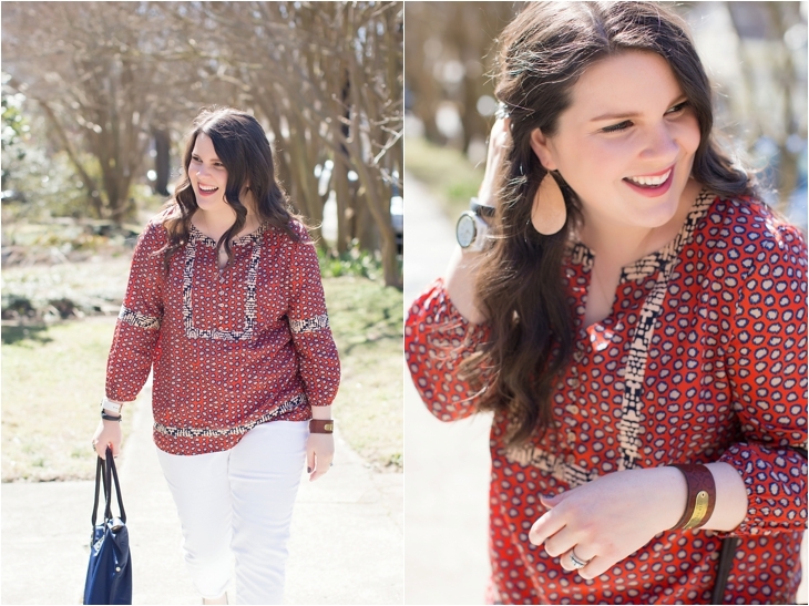 white jeans, THML “Stella Split Neck Blouse”, TOMS wedges- North Carolina Fashion Blogger