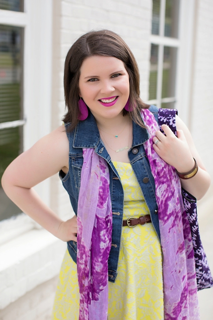 Stitch Fix 41 Hawthorn “Lex Textured Floral Knit Fit & Flare Dress”, denim vest, Stitch Fix scarf, ABAN tote, DUO Boots, Nickel and Suede earrings