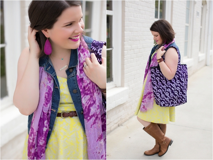 Stitch Fix 41 Hawthorn “Lex Textured Floral Knit Fit & Flare Dress”, denim vest, Stitch Fix scarf, ABAN tote, DUO Boots, Nickel and Suede earrings