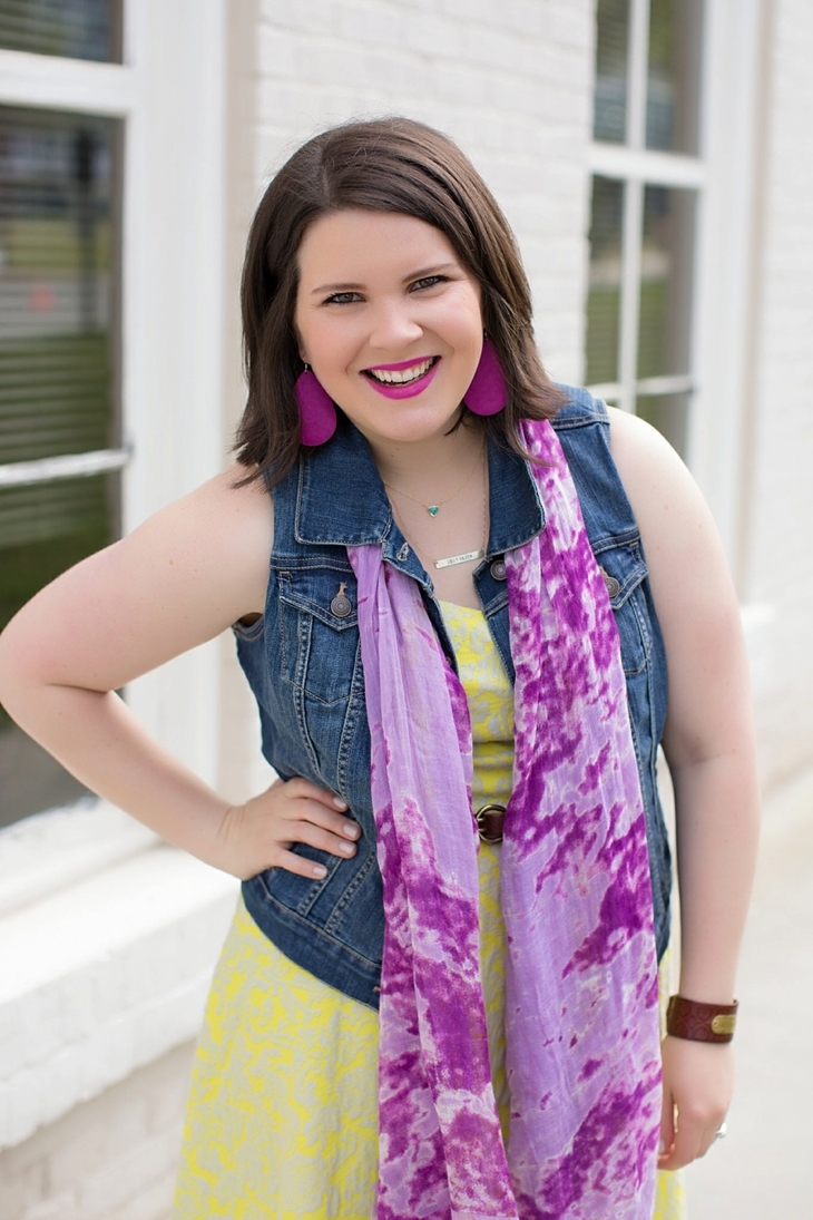 Stitch Fix 41 Hawthorn “Lex Textured Floral Knit Fit & Flare Dress”, denim vest, Stitch Fix scarf, ABAN tote, DUO Boots, Nickel and Suede earrings