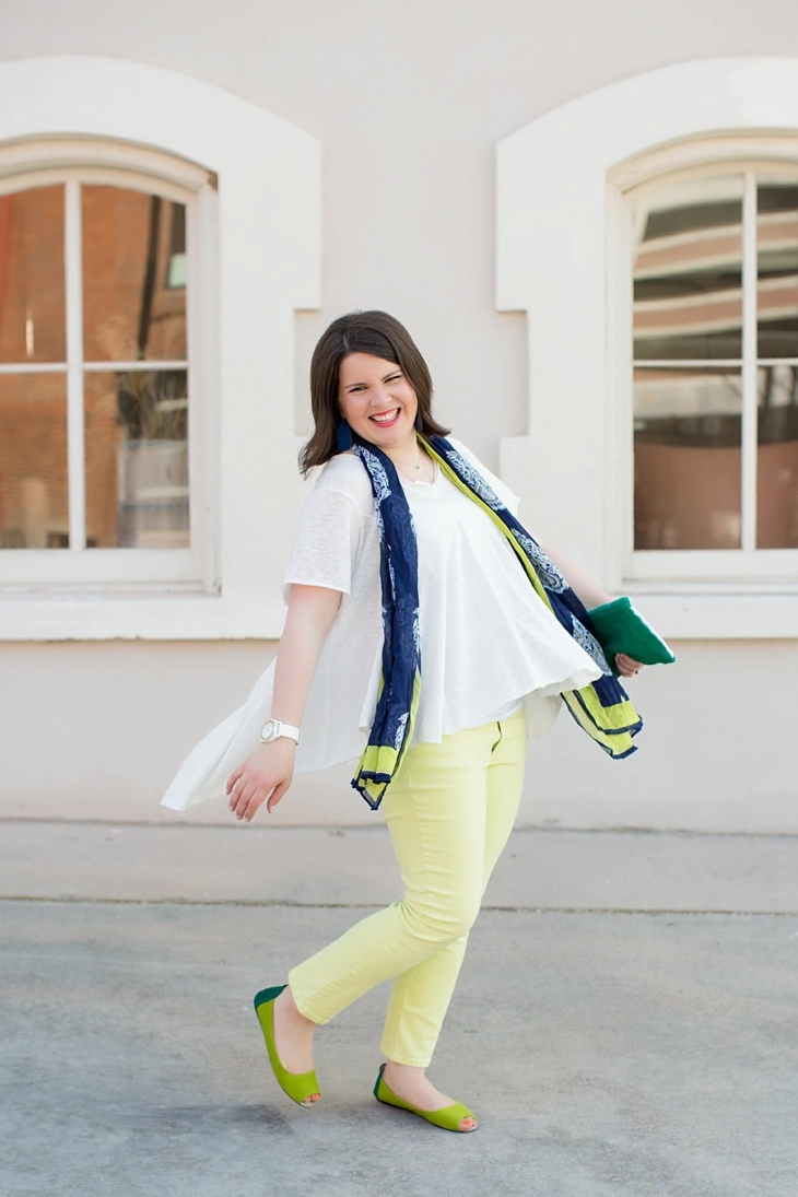 neon lime skinny jeans, white high-low top, Belk scarf, Nickel and Suede earrings, Root Collective peep toe shoes, Root Collective clutch