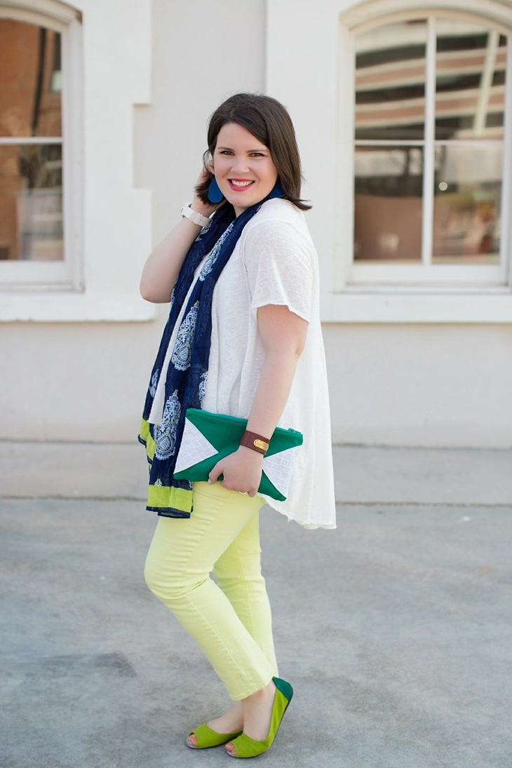 neon lime skinny jeans, white high-low top, Belk scarf, Nickel and Suede earrings, Root Collective peep toe shoes, Root Collective clutch