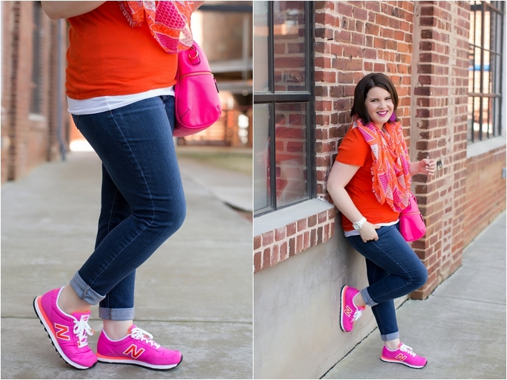 Old Navy scarf, Hot pink and orange classic New Balance sneakers from Rack Room shoes, hot pink bag, orange tee, Nickel and Suede earrings