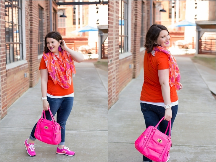 Old Navy scarf, Hot pink and orange classic New Balance sneakers from Rack Room shoes, hot pink bag, orange tee, Nickel and Suede earrings