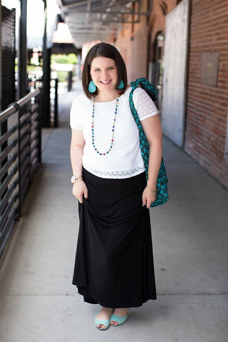 Lilly for Target crop top, black maxi skirt, Nickel and Suede earrings, The Mighty River Project market tote and necklace, Root Collective peep toe flats