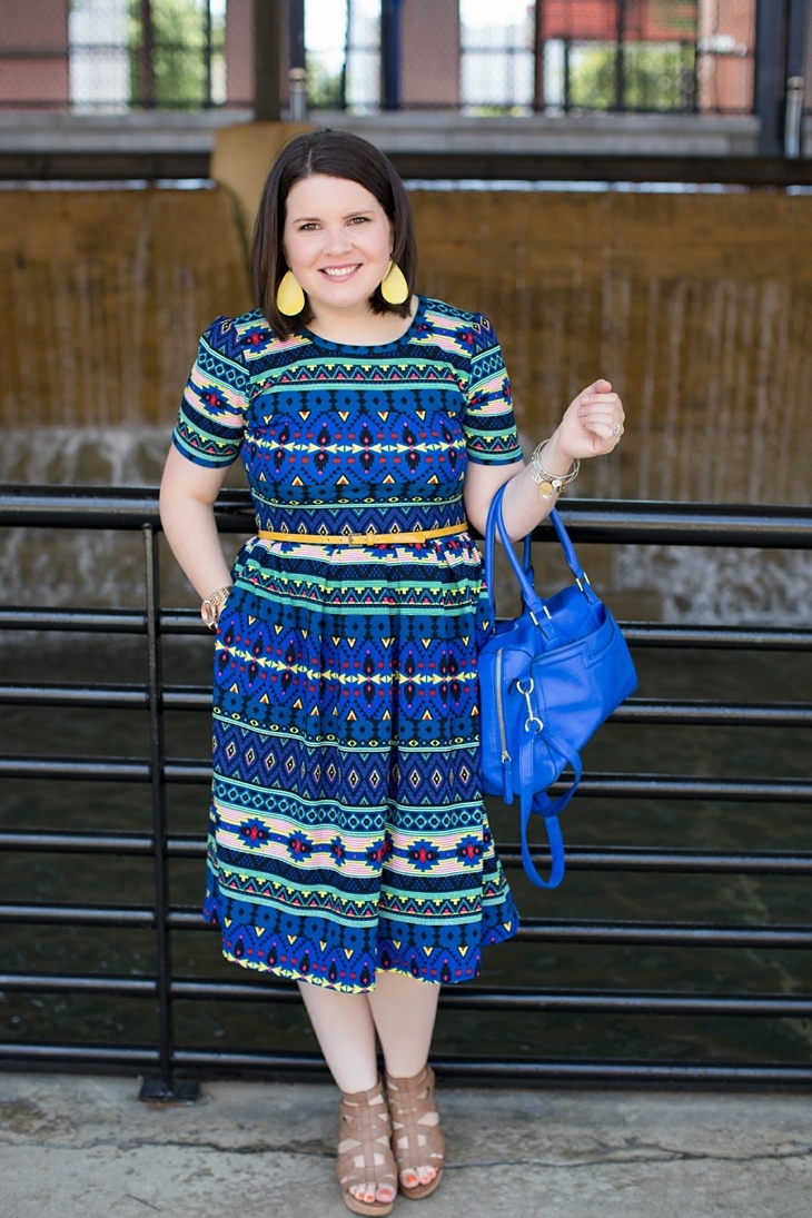LulaRoe Amelia Dress, Blue target bag, Yellow Nicke & Suede earrings, nude wedges | North Carolina Fashion Blogger