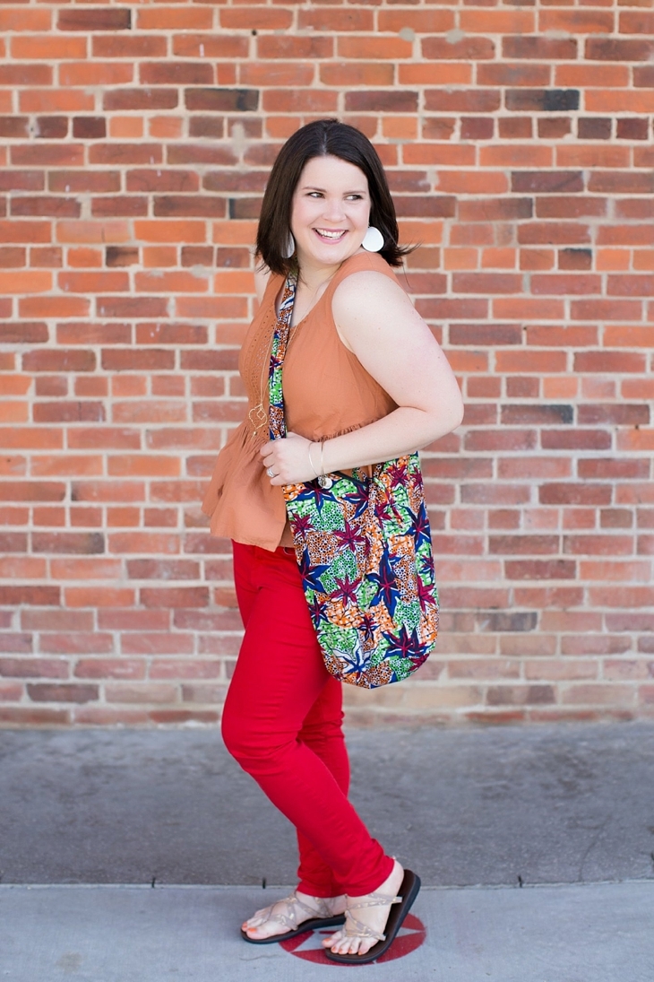 peplum top, red jeans, Sseko sandals, Nickel and Suede earrings, The Mighty River Project bag