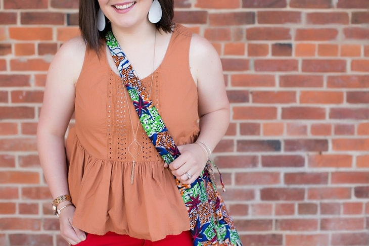 peplum top, red jeans, Sseko sandals, Nickel and Suede earrings, The Mighty River Project bag