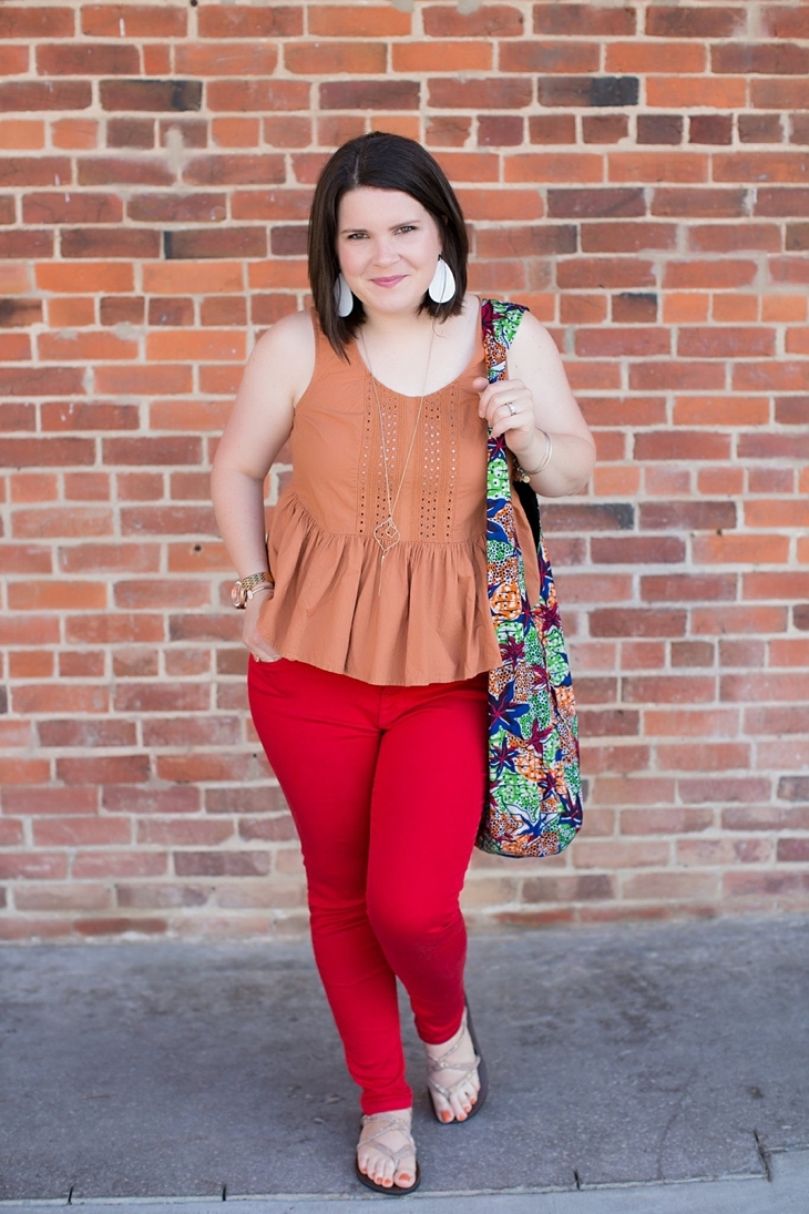 peplum top, red jeans, Sseko sandals, Nickel and Suede earrings, The Mighty River Project bag