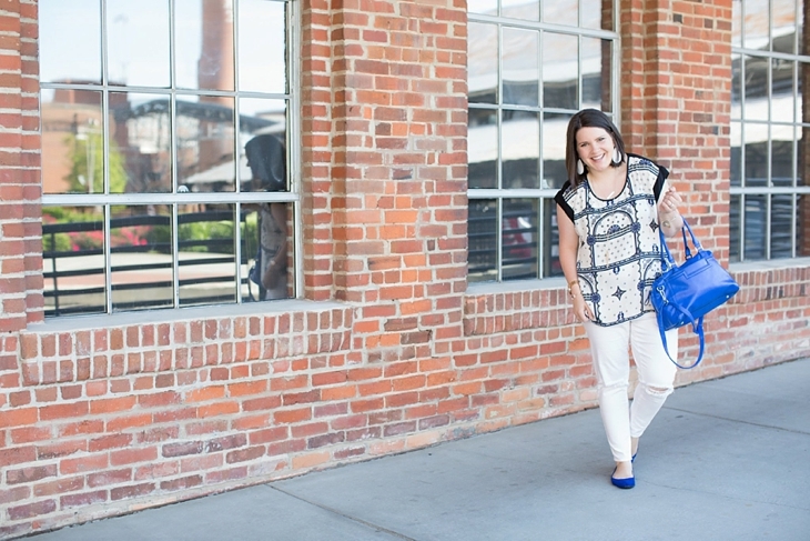 Stitch Fix top, white jeans, blue bag, Nickel and Suede earrings, Root Collective Shoes
