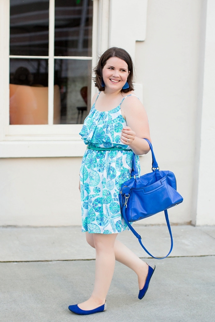 Lilly for Target dress, Root Collective Shoes, Nickel and Suede earrings, blue bag