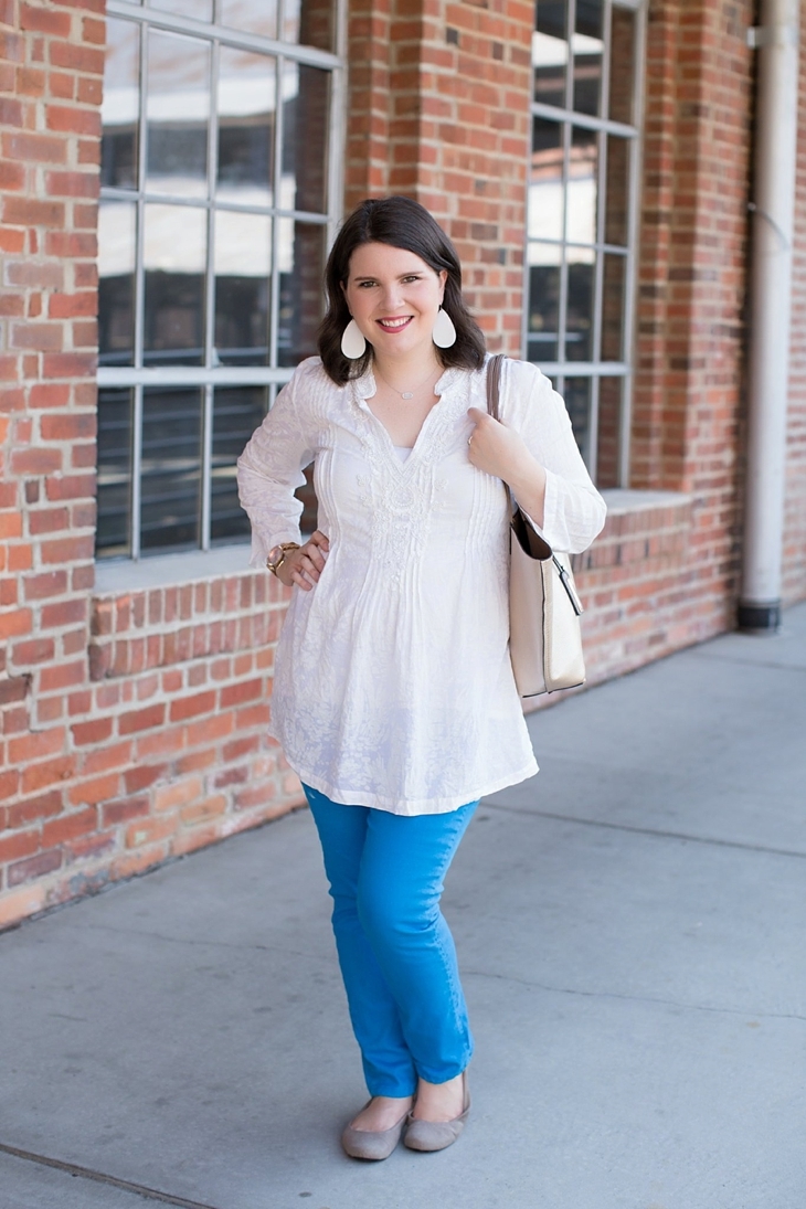 Blue pants, Lilly Pulitzer Sarasota tunic, Root Collective flats, Nickel and Suede earrings (8)
